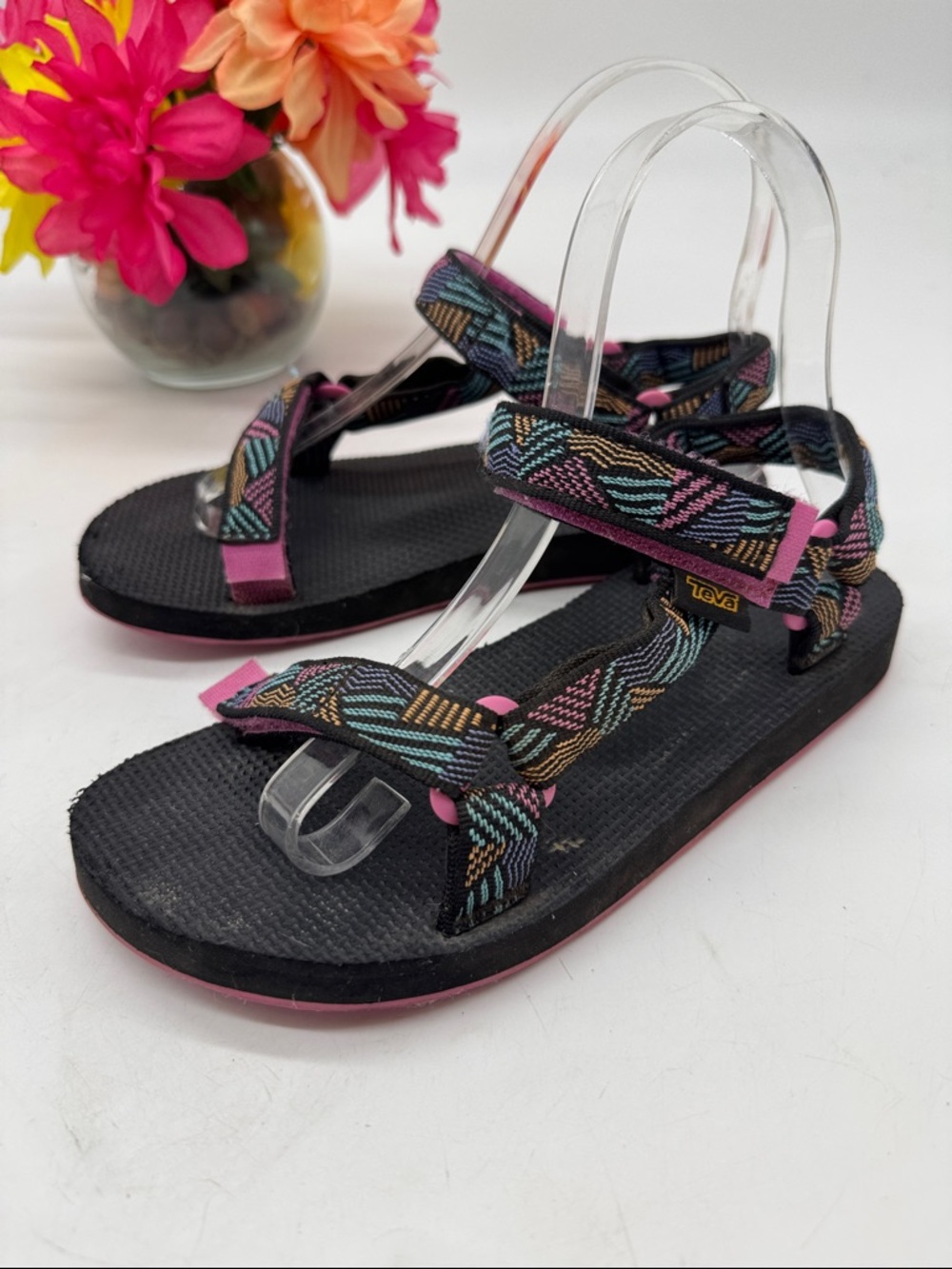 Teva Black Sandals with Multicolor Straps and Pink Trim